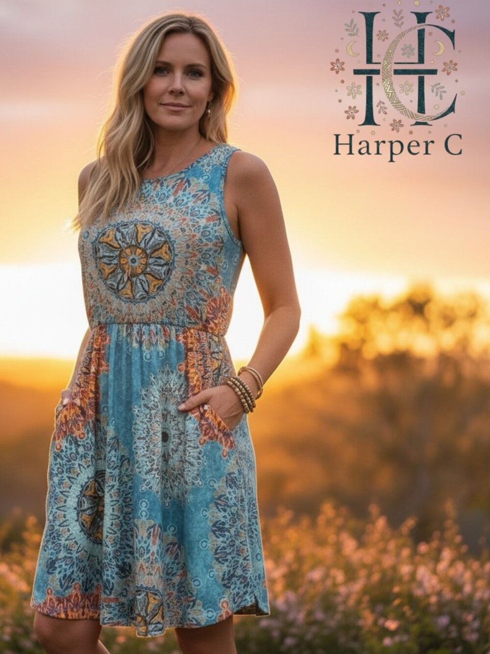 Boho Mandala Print Sleeveless Dress with pockets Size Large Teal Orange